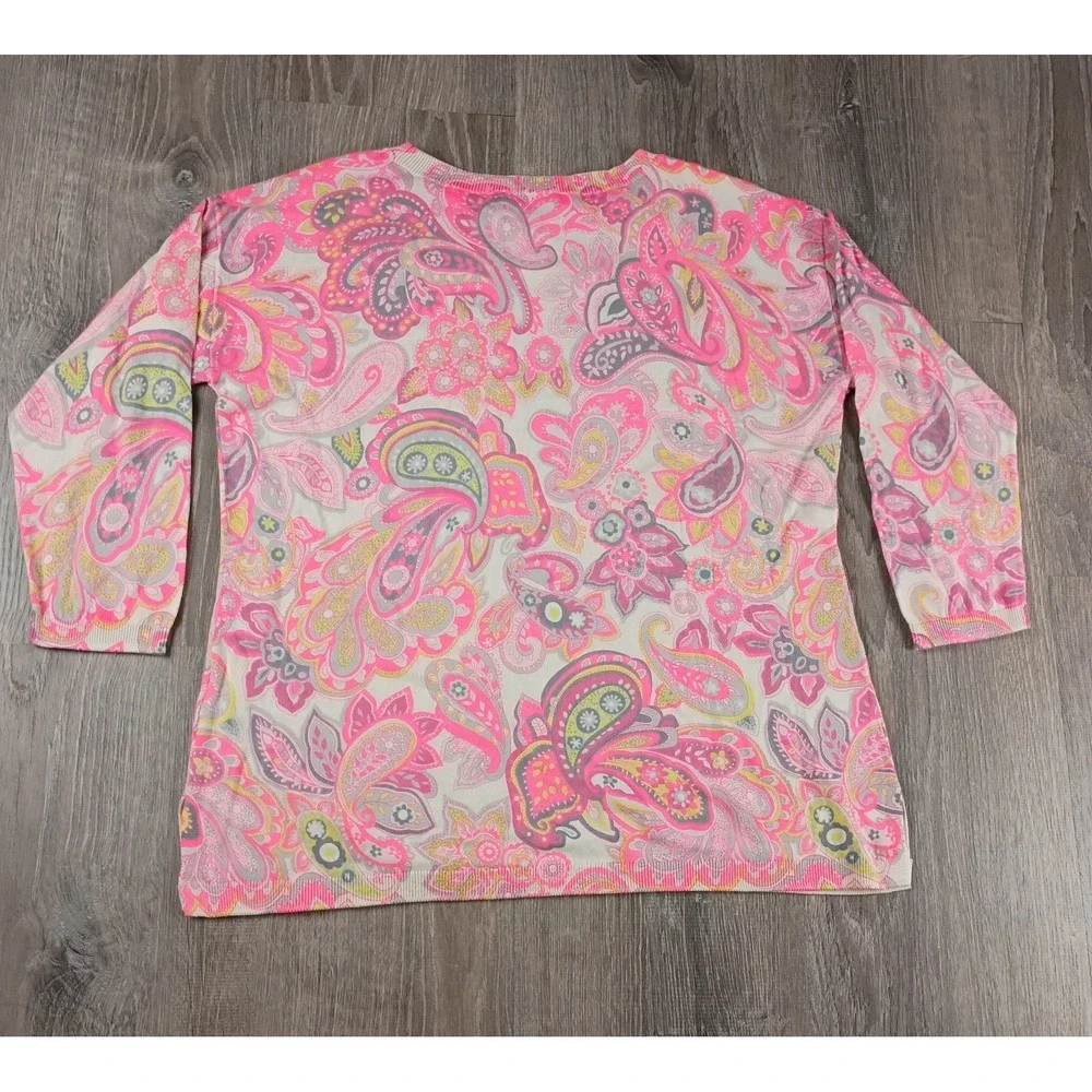 Talbots Neon Pink Paisley Crewneck Sweater soft/ lightweight size Medium